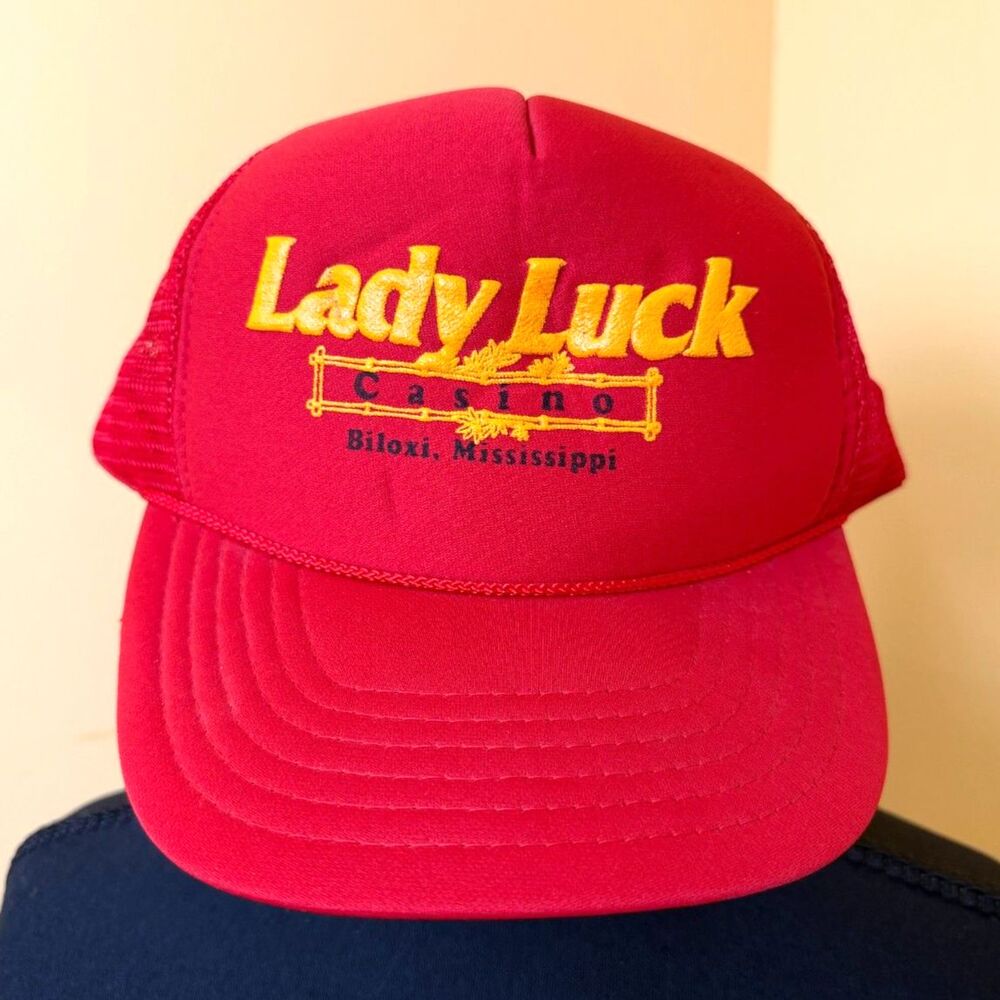 VTG Lady Luck Casino Biloxi Mississippi Red Mesh Snapback Trucker Rope Hat Cap